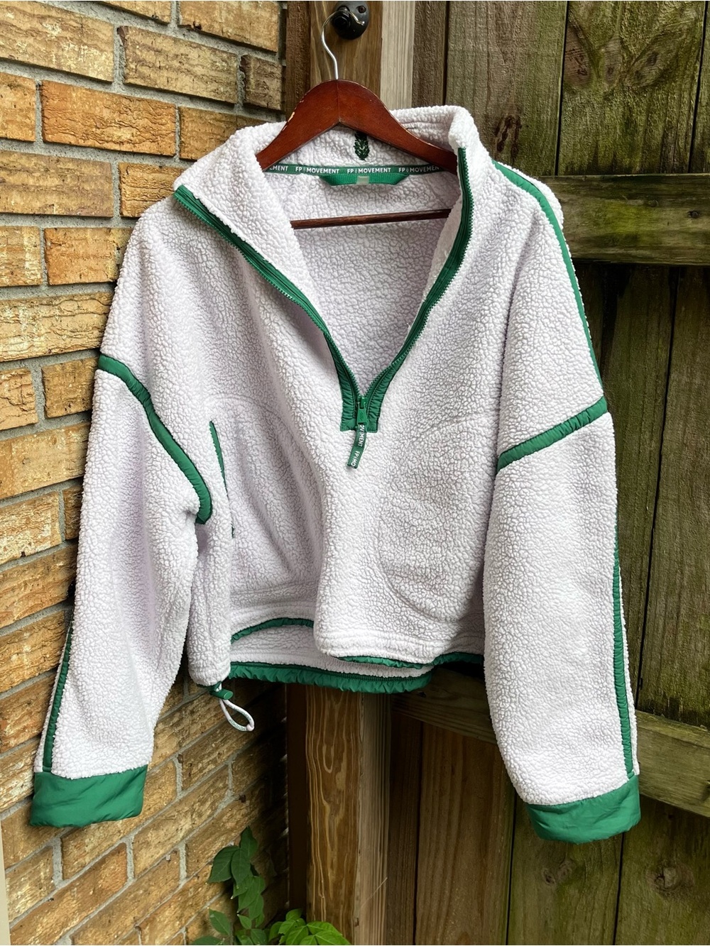 FP Movement by Free People White Sherpa Half-Zip Pullover with Green Trim
